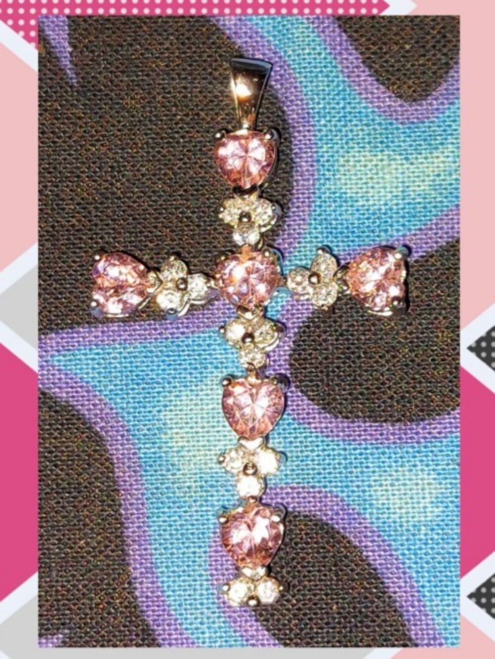 Med Size Sterling Silver w/Clear Pink & White Rhinestones Textured Cross Pendant
